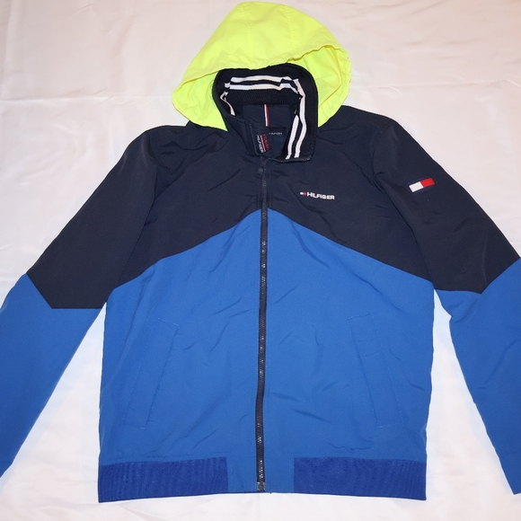 Men's Tommy Hilfiger Blue and Black Jacket with Yellow Hood - Picture 1 of 9
